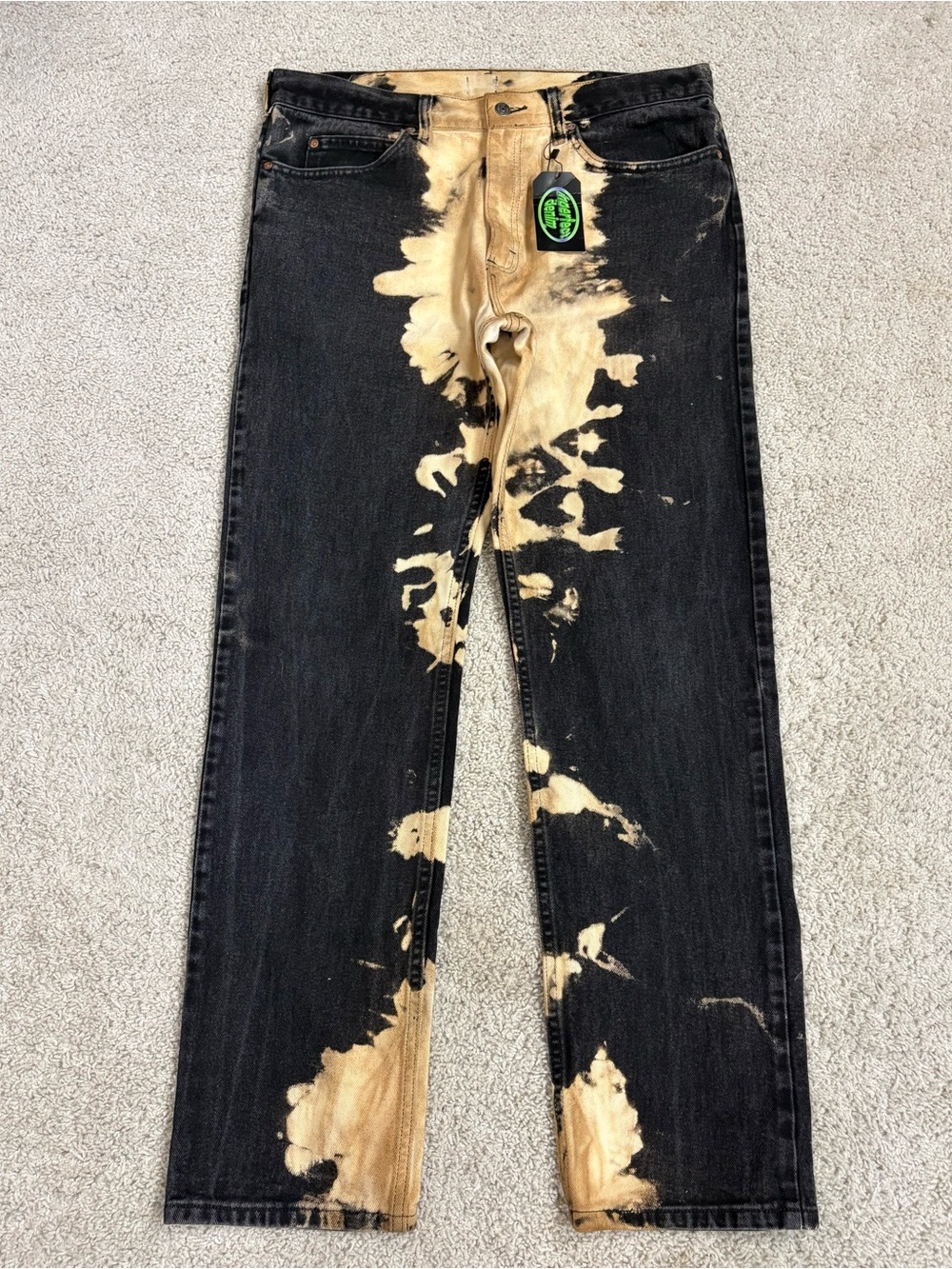 Men's INPERFECT DENIM Black Hand-Bleach Dyed STRAIGHT LEG Cotton DENIM JEANS 36